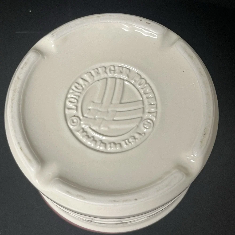 Longaberger Pottery Red Woven Traditions pint Crock, Lid, Coaster & New‎ Candle